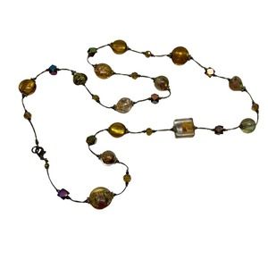 'Premier Designs' Necklace Single Strand Gold Metallic & Glass Beads 28" Long